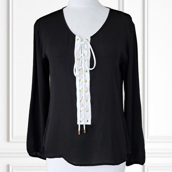 KARINA GRIMALDI Black Long Sleeve Lace Up Blouse XS Modern Workwear Top - Picture 1 of 8